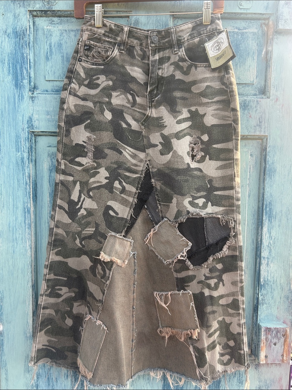 Upcycled KanCan tattered camouflage patched skirt